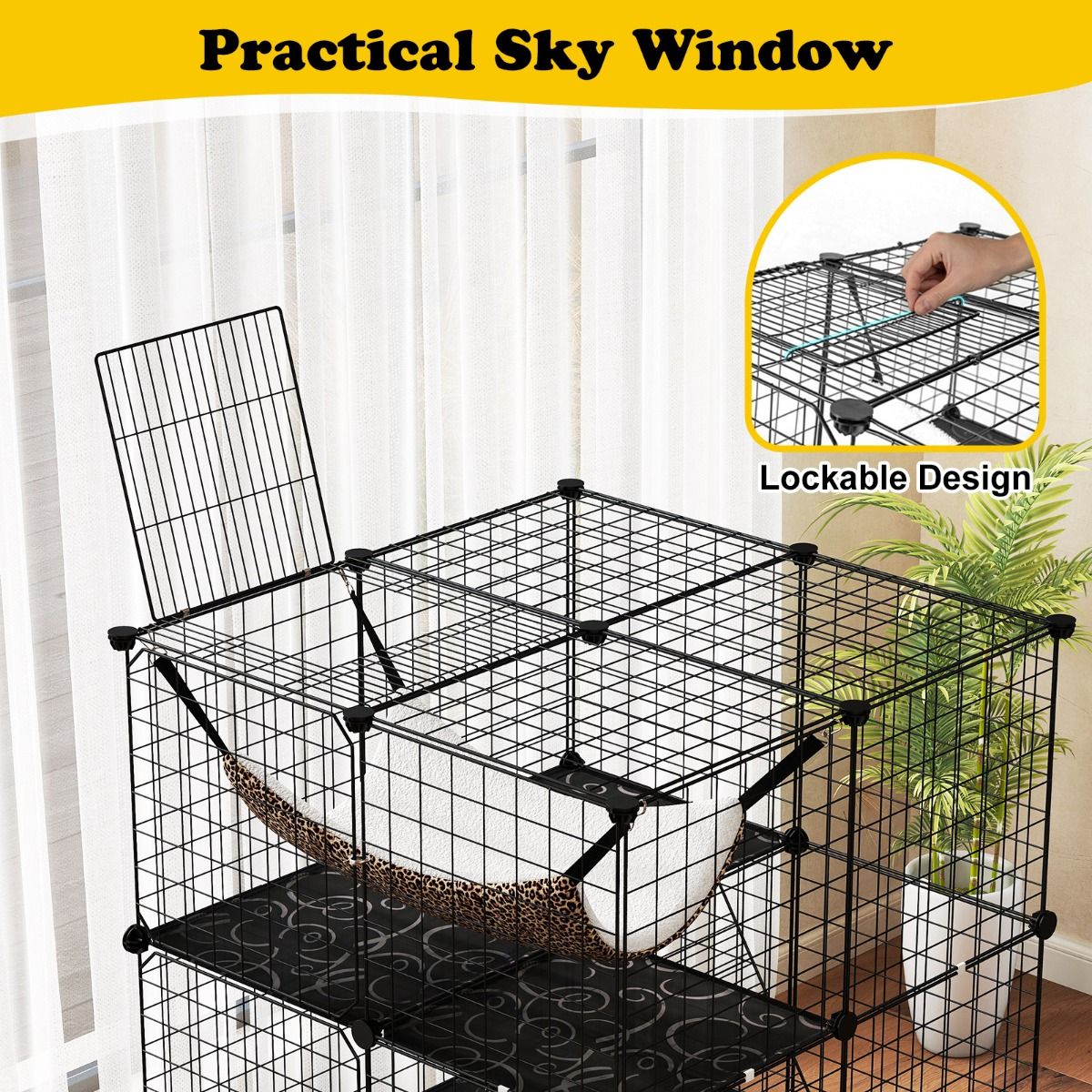 Coast Cat Run 107 cm hoch - 3 Etagen - mit Hängematte, Leitern und Regalen - Schwarz - 74 x 74 x 107 cm
