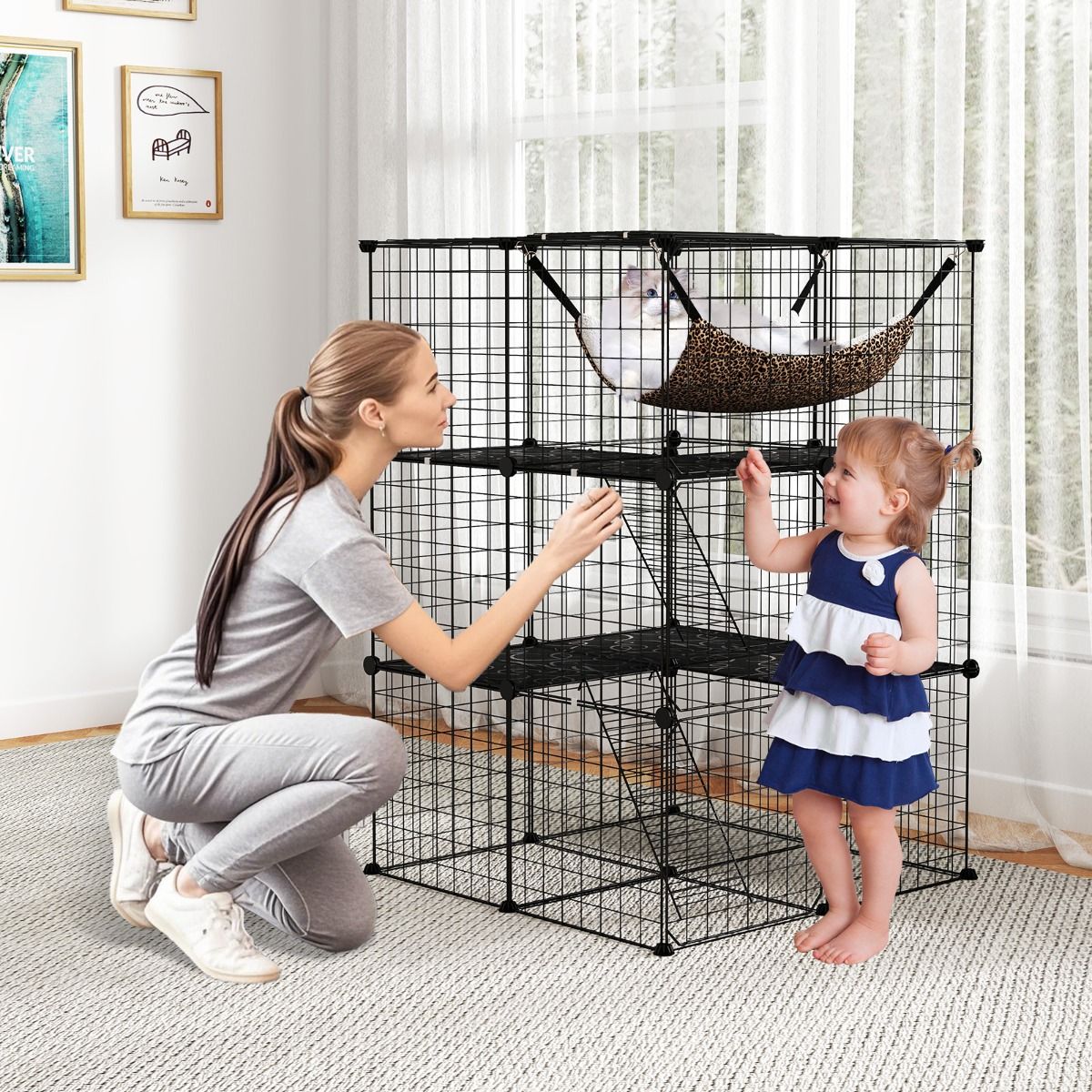 Coast Cat Run 107 cm hoch - 3 Etagen - mit Hängematte, Leitern und Regalen - Schwarz - 74 x 74 x 107 cm