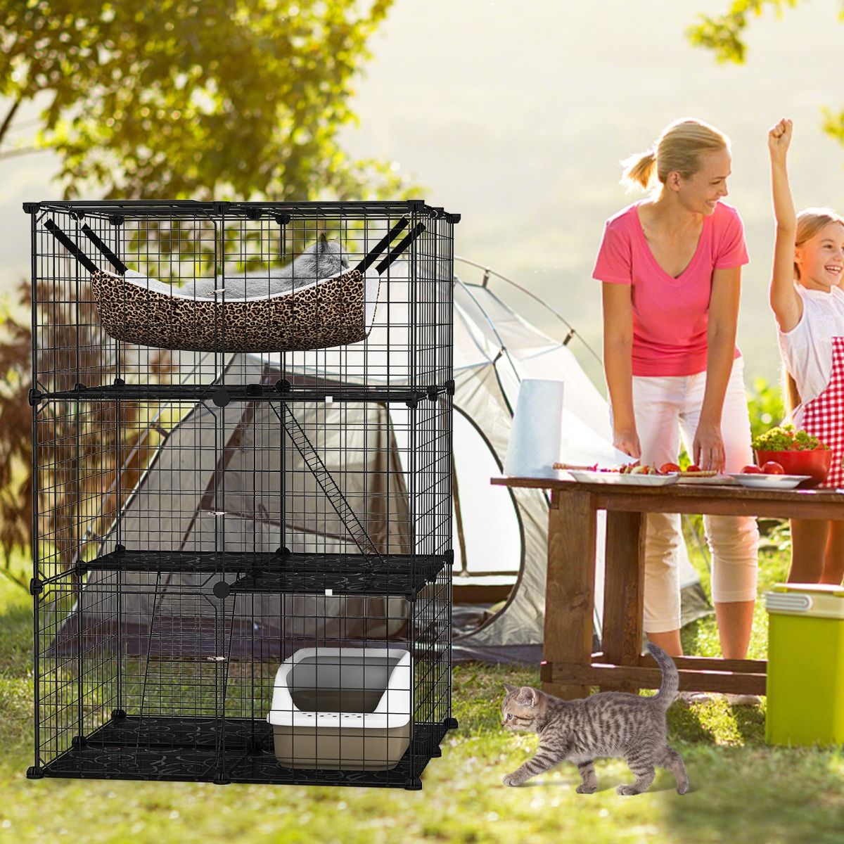 Coast Cat Run 107 cm hoch - 3 Etagen - mit Hängematte, Leitern und Regalen - Schwarz - 74 x 74 x 107 cm