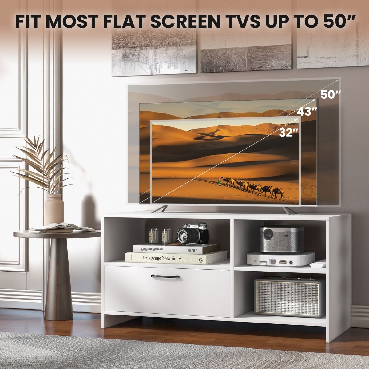 Coast TV-Schrank Lowboard 104,5 x 51,5 x 52 cm Weiß mit Schublade und offenen Fächern für Fernsehgeräte bis zu 50 Zoll