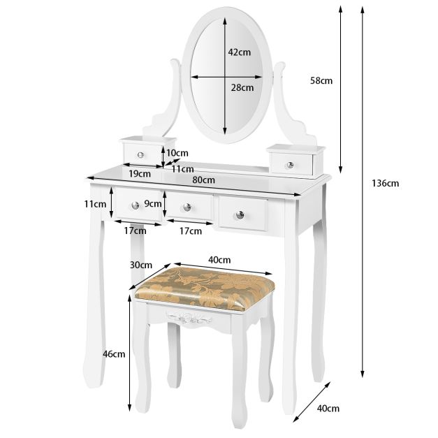 Coast Frisiertisch - 360° drehbar - MDF - Inkl. Hocker - 80 x 40 x 136 cm - Weiß
