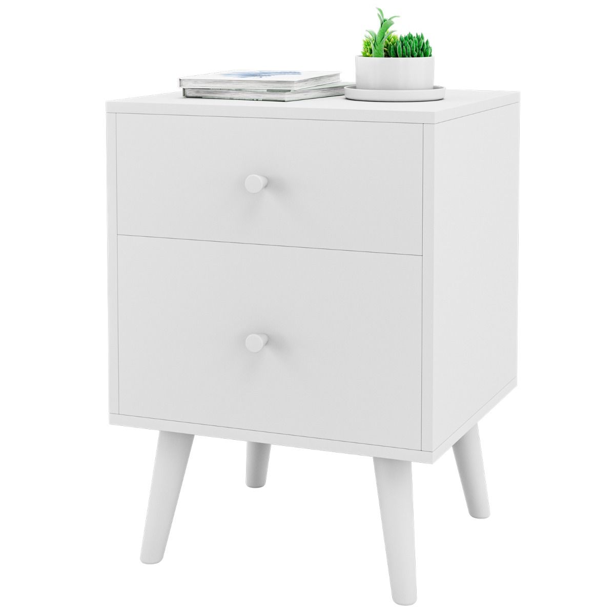 Coast Nachttisch 2 Schubladen 45x40x62 cm - Holzkommode Weiß mit Massivholzfüßen aus Gummi