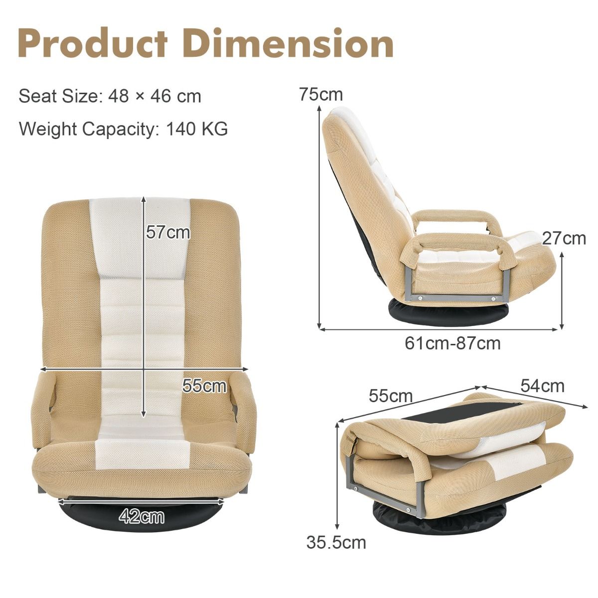 Coast Klappbarer Bodenstuhl - Verstellbare Rückenlehne - 360° drehbar - 55 x 61-87 x 75 cm - Beige