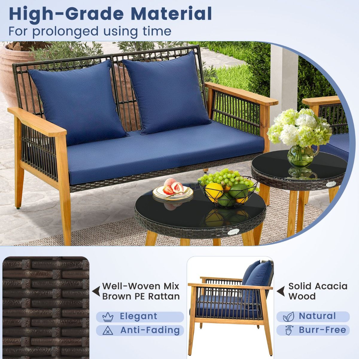 Coast 5-teiliges Rattan-Möbel-Set für den Außenbereich Braun mit marineblauen Kissen - 2 Stühle, Loveseat und 2 Couchtische (Stuhl 75x76x80 cm, Loveseat 132x76x80 cm, Tisch Ø48 cm & 60x38 cm)