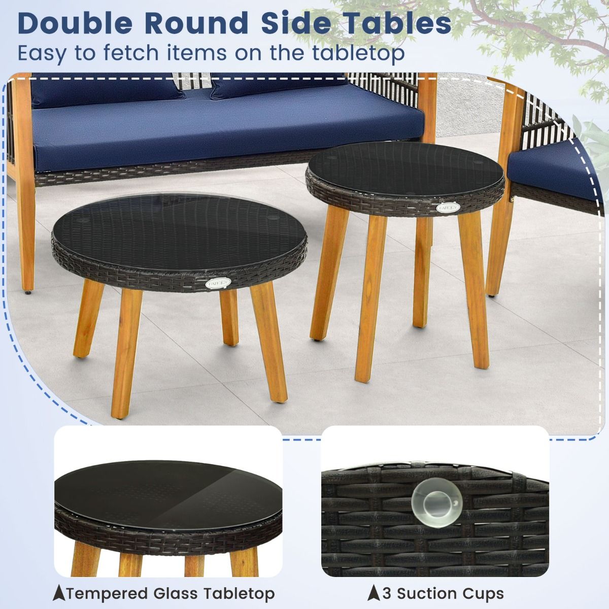 Coast 5-teiliges Rattan-Möbel-Set für den Außenbereich Braun mit marineblauen Kissen - 2 Stühle, Loveseat und 2 Couchtische (Stuhl 75x76x80 cm, Loveseat 132x76x80 cm, Tisch Ø48 cm & 60x38 cm)
