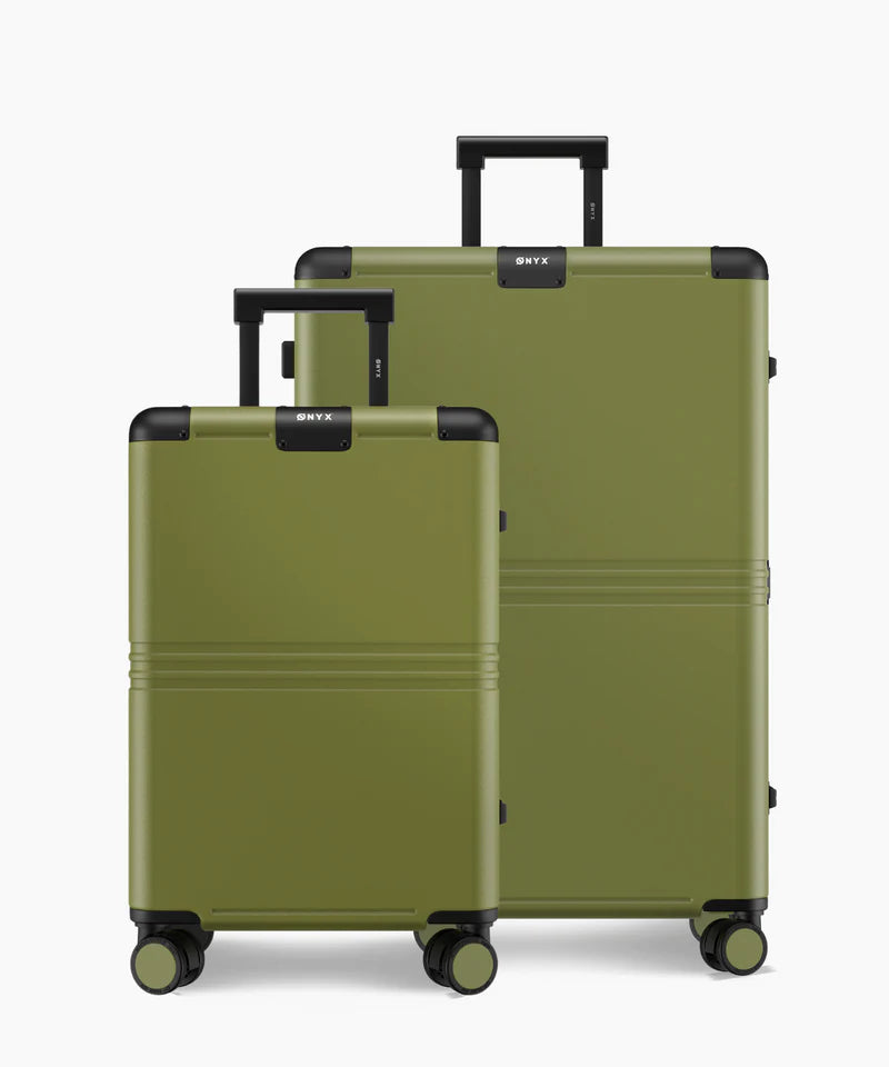 Onyx Hybrid Pro Zweiteiliges Kofferset Onyx Journey – Ausgestattet mit Silent-Run-Hinomoto-Rollen, einem Gehäuse aus deutschem Makrolon-Polycarbonat und einem integrierten Kompressionssystem – Für Reisen und Urlaub – Olivgrünes Polycarbonat und Aluminium