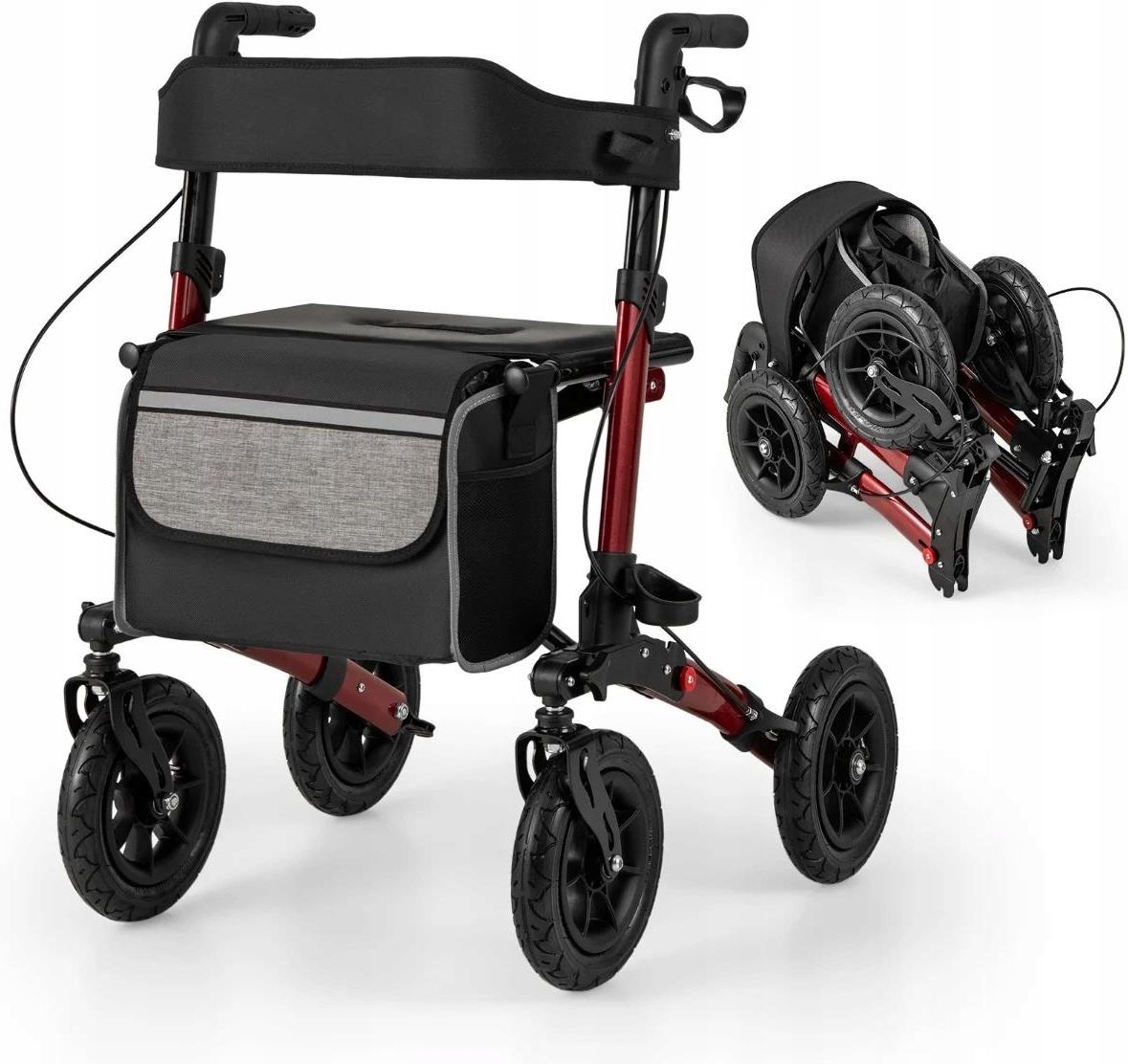 Coast Faltbarer Rollator Rot - Leichter 2-in-1-Reiserollator mit Sitz und Luftbereifung - 62 x 82 x 81,5-97 cm
