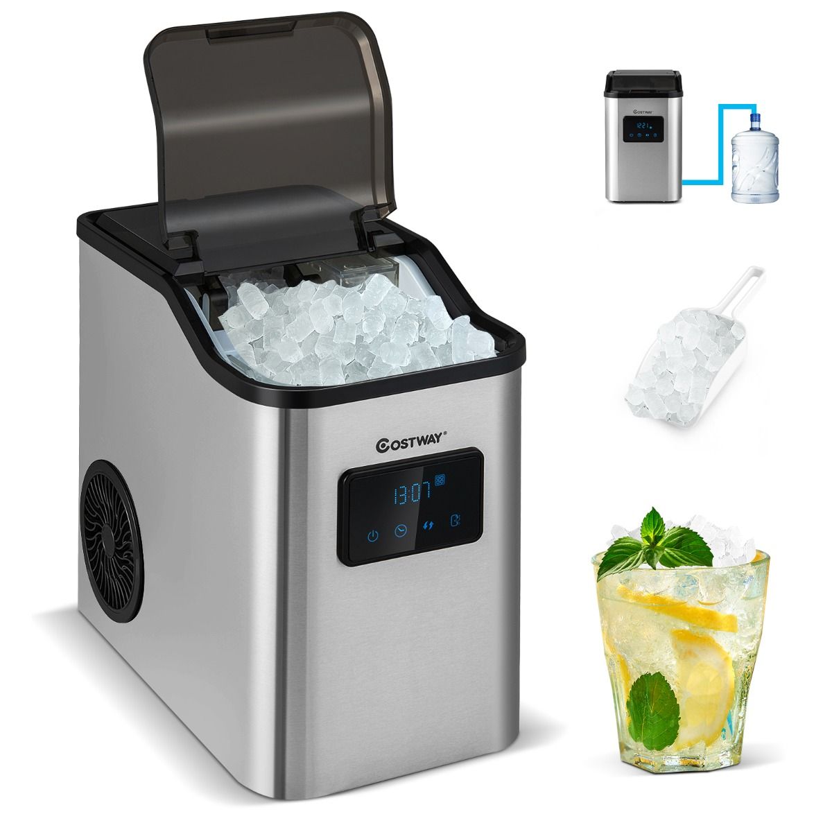 Coast Nugget Eiswürfelmaschine - Crushed-Ice-Maschine - 24 kg/Tag - 2.5L Wassertank - Silber - 38.5 x 24 x 38 cm