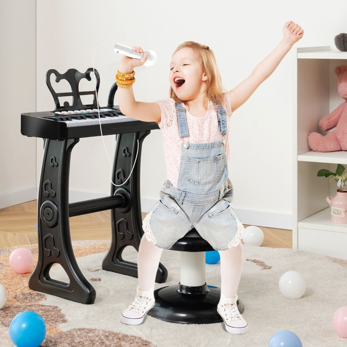 Coast Kinderklavier - 37 Tasten - Mit verstellbarem Hocker und Mikrofon - Abnehmbarer Ständer - Schwarz