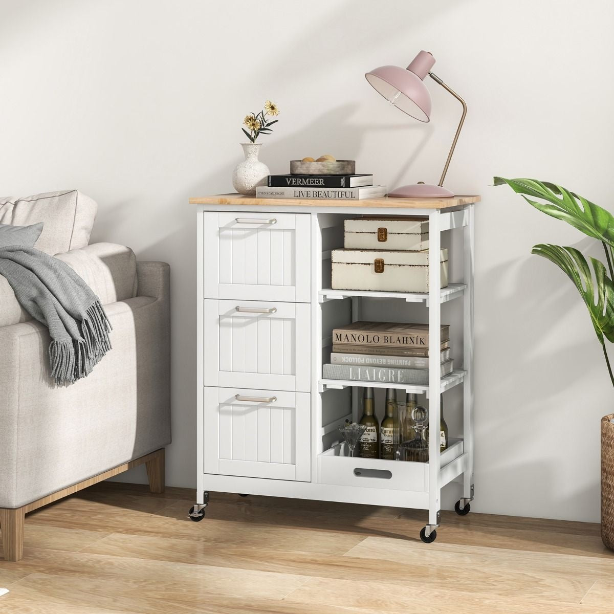 Coast Servant mit Rädern - 3 Schubladen - Rubberwood Top - 67 x 37 x 83,5 cm - Weiß