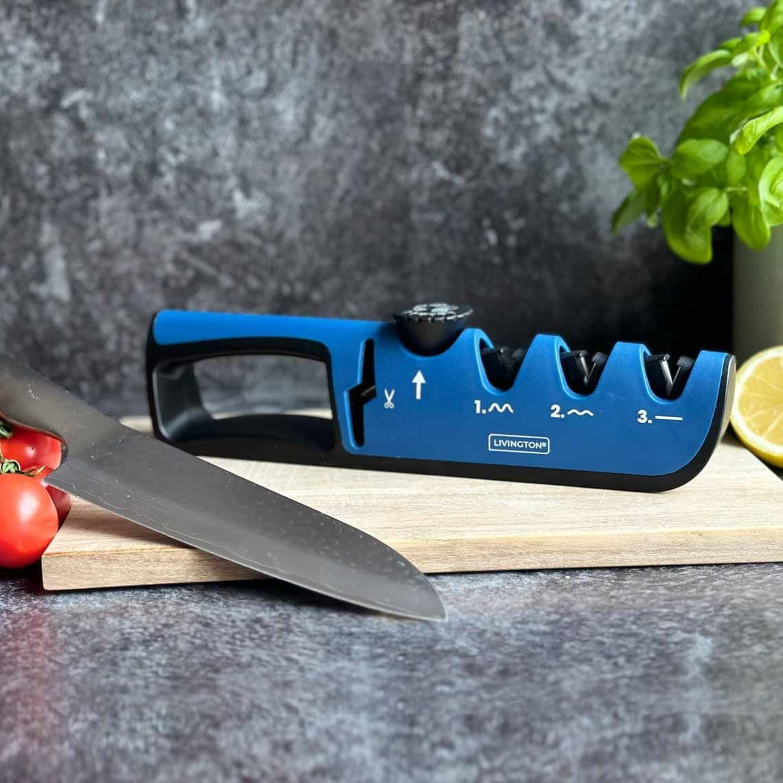 Livington BladeStar 3-in-1-Messerschärfer – Einstellbarer Schleifwinkel – Dreistufensystem – Für Messer und Scheren