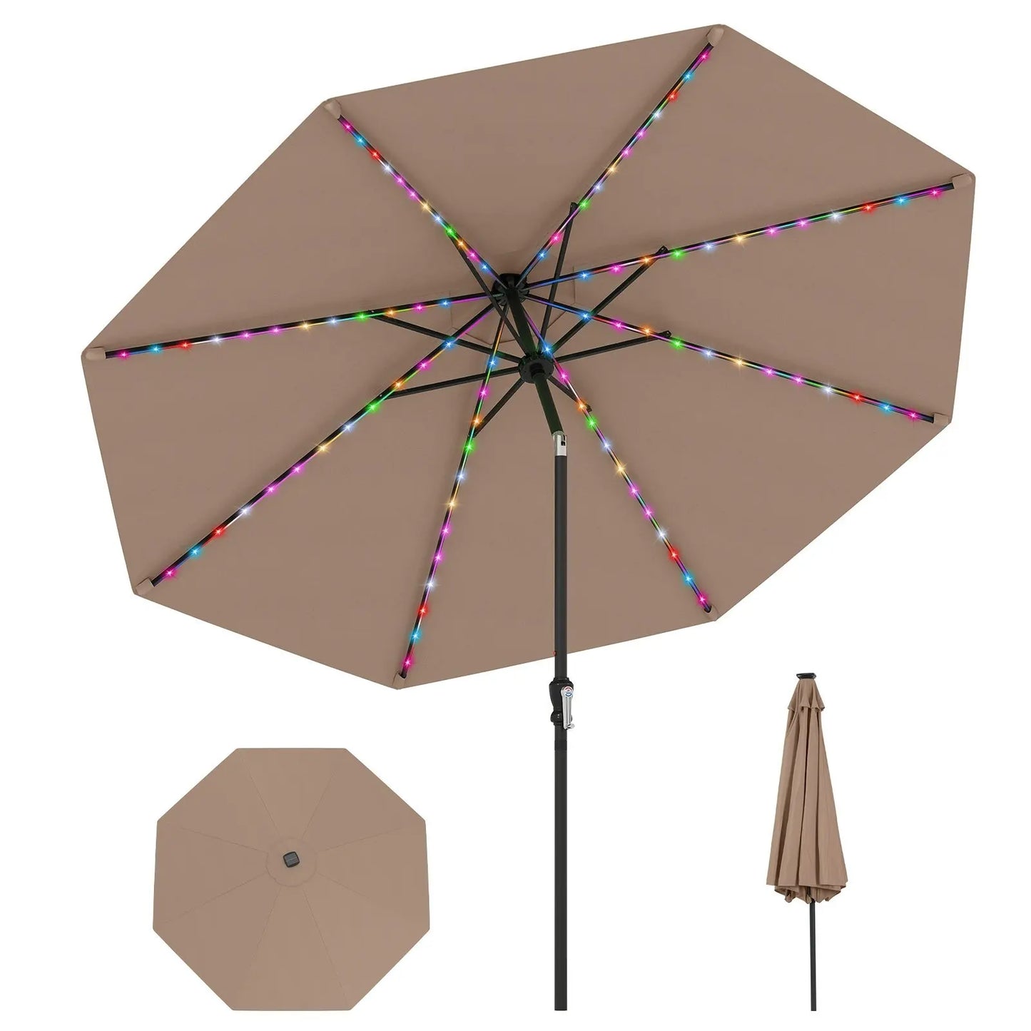 Coast Sonnenschirm mit solarbetriebener LED-Beleuchtung – mit neun Leuchtstufen, manuellem Neigungssystem und praktischem Drehgriff – für Garten und Terrasse – aus beigem Polyester und Metall – 290 cm breit und 247 cm hoch