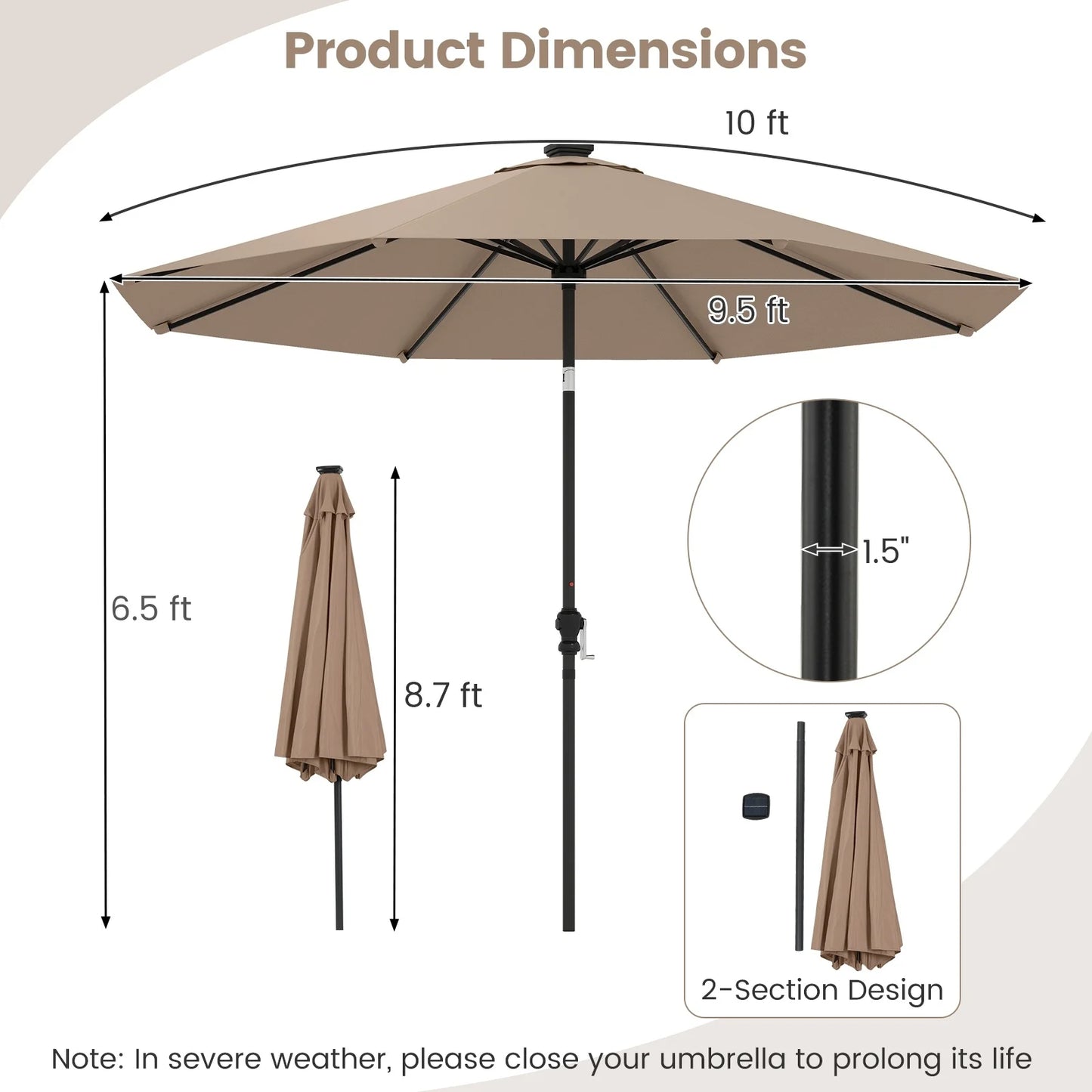 Coast Sonnenschirm mit solarbetriebener LED-Beleuchtung – mit neun Leuchtstufen, manuellem Neigungssystem und praktischem Drehgriff – für Garten und Terrasse – aus beigem Polyester und Metall – 290 cm breit und 247 cm hoch