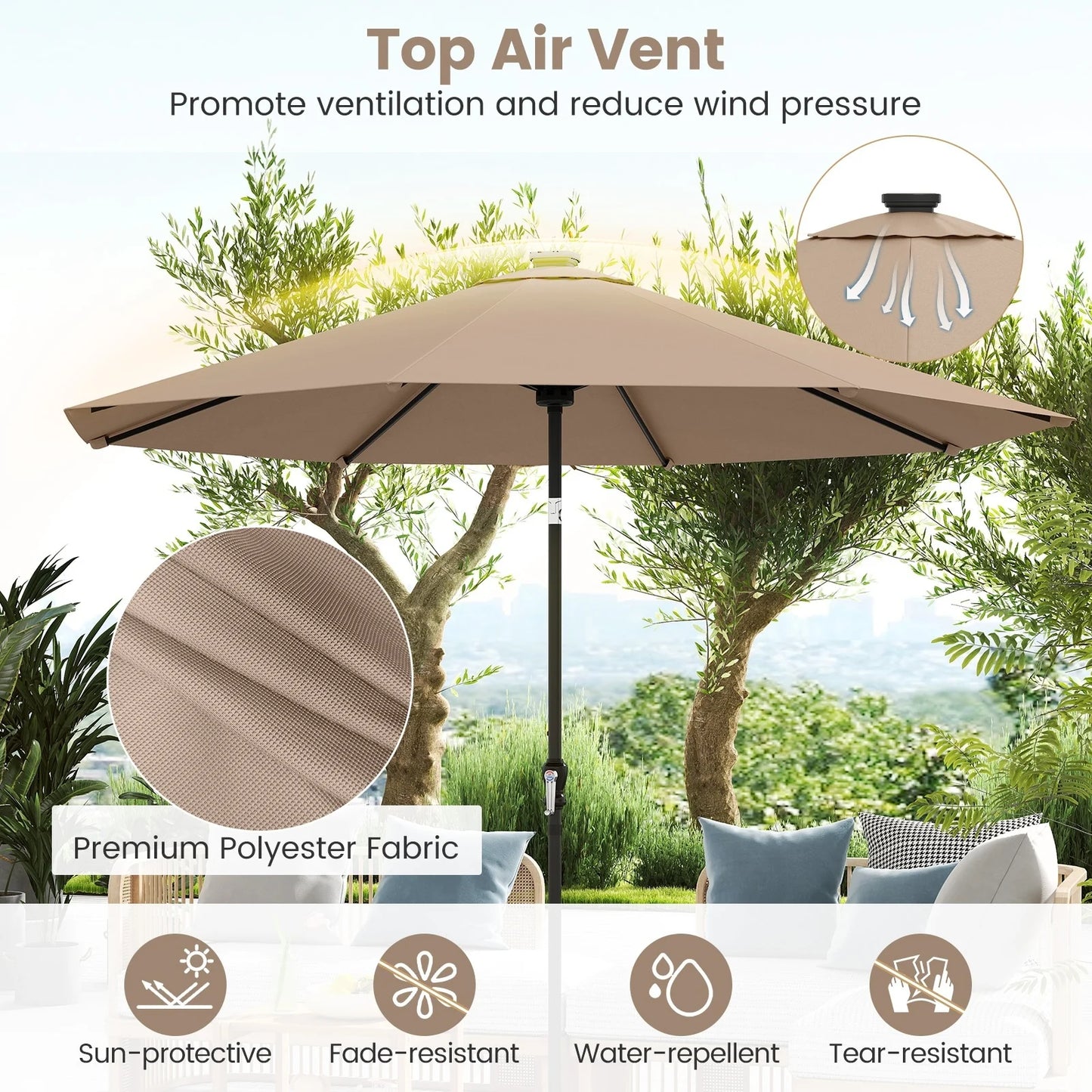 Coast Sonnenschirm mit solarbetriebener LED-Beleuchtung – mit neun Leuchtstufen, manuellem Neigungssystem und praktischem Drehgriff – für Garten und Terrasse – aus beigem Polyester und Metall – 290 cm breit und 247 cm hoch