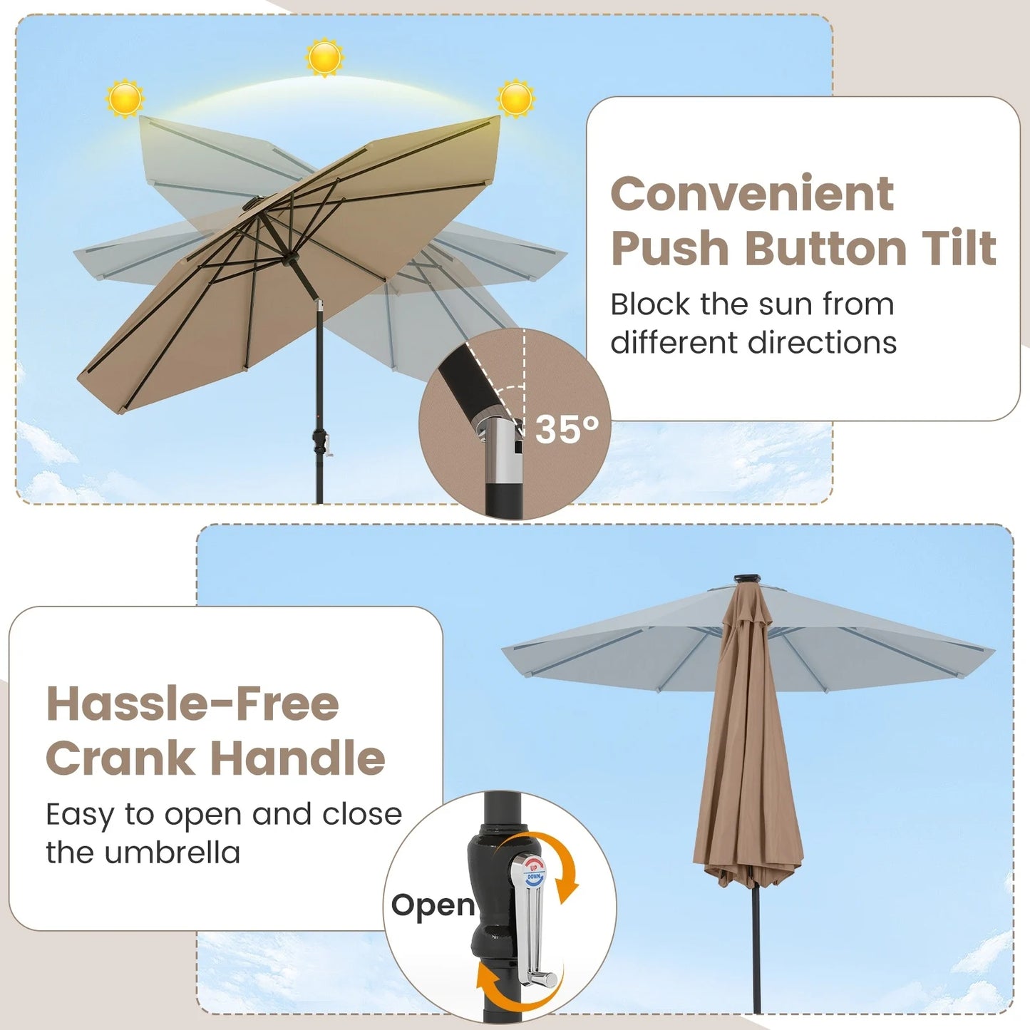 Coast Sonnenschirm mit solarbetriebener LED-Beleuchtung – mit neun Leuchtstufen, manuellem Neigungssystem und praktischem Drehgriff – für Garten und Terrasse – aus beigem Polyester und Metall – 290 cm breit und 247 cm hoch