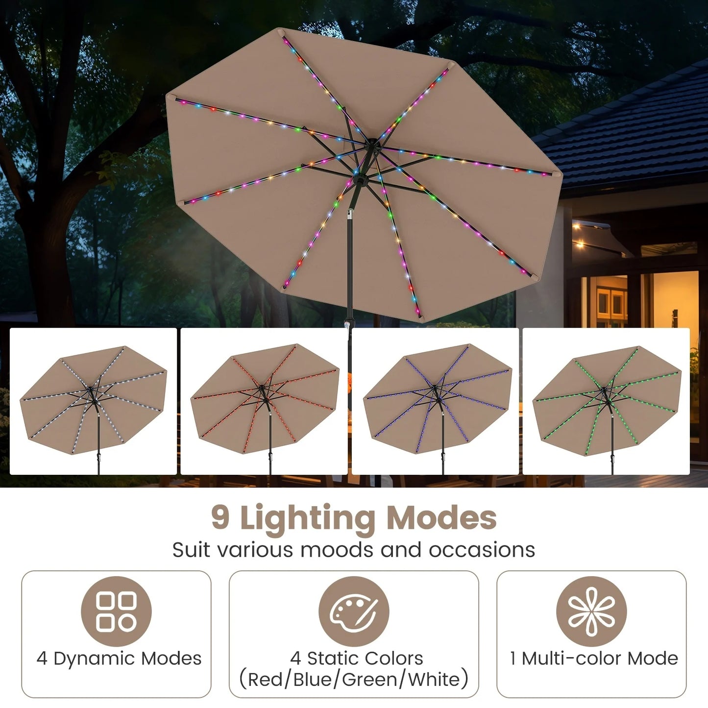 Coast Sonnenschirm mit solarbetriebener LED-Beleuchtung – mit neun Leuchtstufen, manuellem Neigungssystem und praktischem Drehgriff – für Garten und Terrasse – aus beigem Polyester und Metall – 290 cm breit und 247 cm hoch