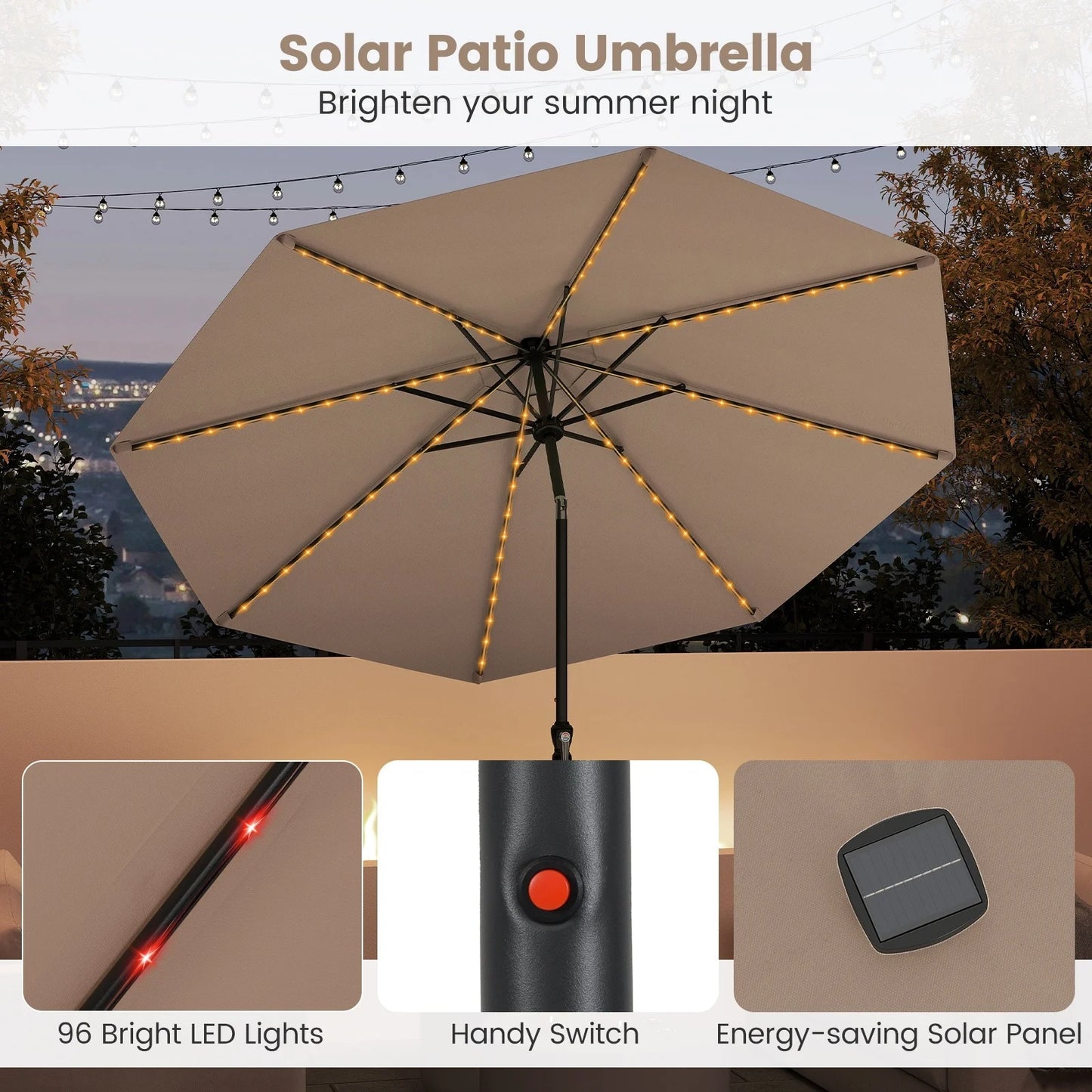 Coast Sonnenschirm mit solarbetriebener LED-Beleuchtung – mit neun Leuchtstufen, manuellem Neigungssystem und praktischem Drehgriff – für Garten und Terrasse – aus beigem Polyester und Metall – 290 cm breit und 247 cm hoch
