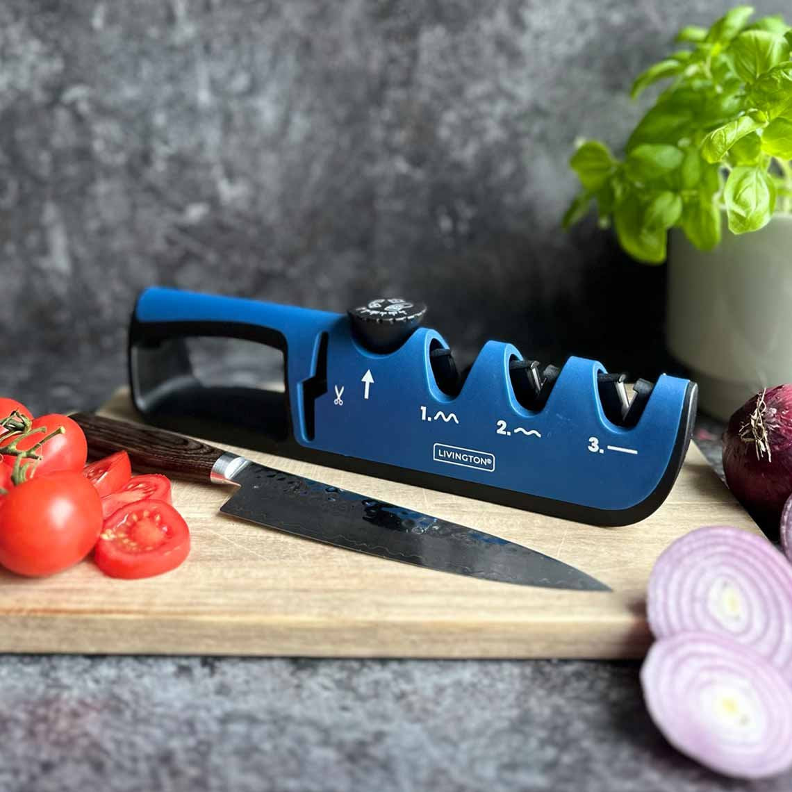 Livington BladeStar 3-in-1-Messerschärfer – Einstellbarer Schleifwinkel – Dreistufensystem – Für Messer und Scheren