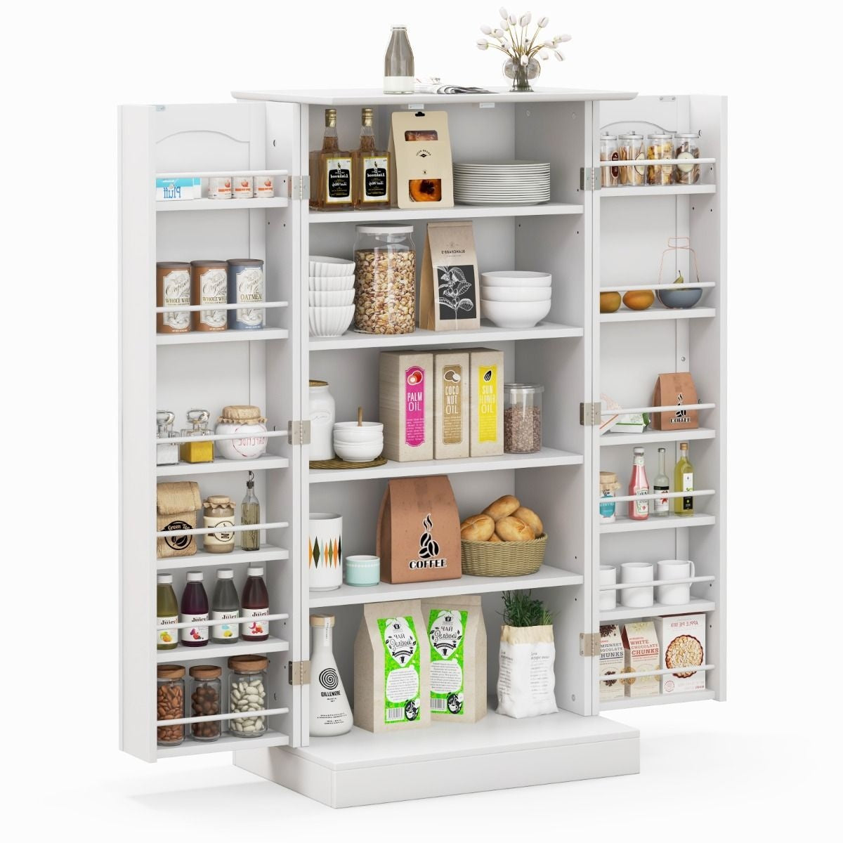 Coast Pantry Küchenschrank - 60 x 40 x 120,5 cm & 17 Einlegeböden - Ausgestattet mit verstellbaren Einlegeböden und Kippschutz - Für Küche, Esszimmer und Wohnzimmer - Weißes Mdf und Metall