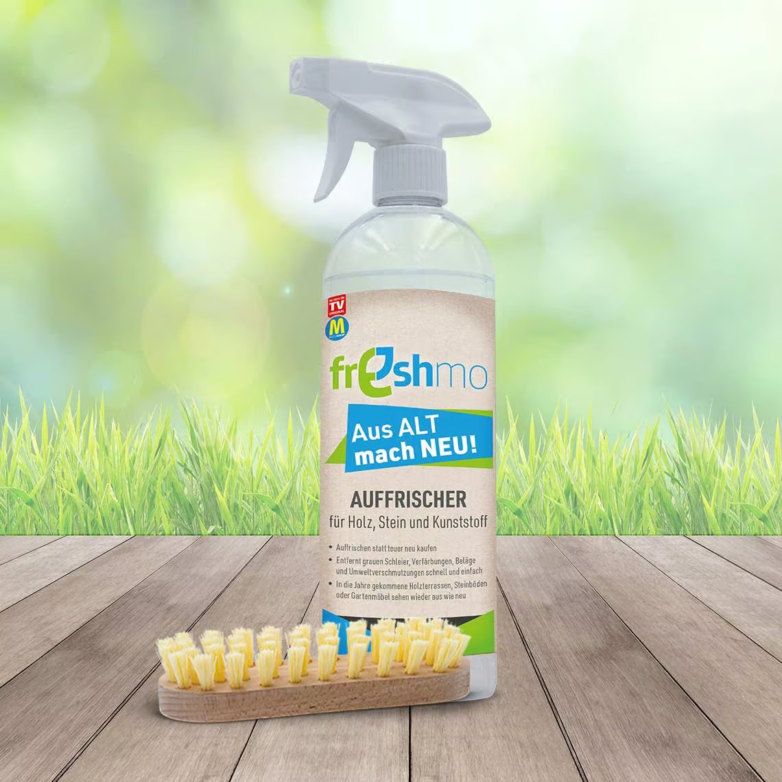 Freshmo Auffrischer 750 ml – inklusive Bürste – für Holz, Stein und Kunststoff – entfernt grauen Belag