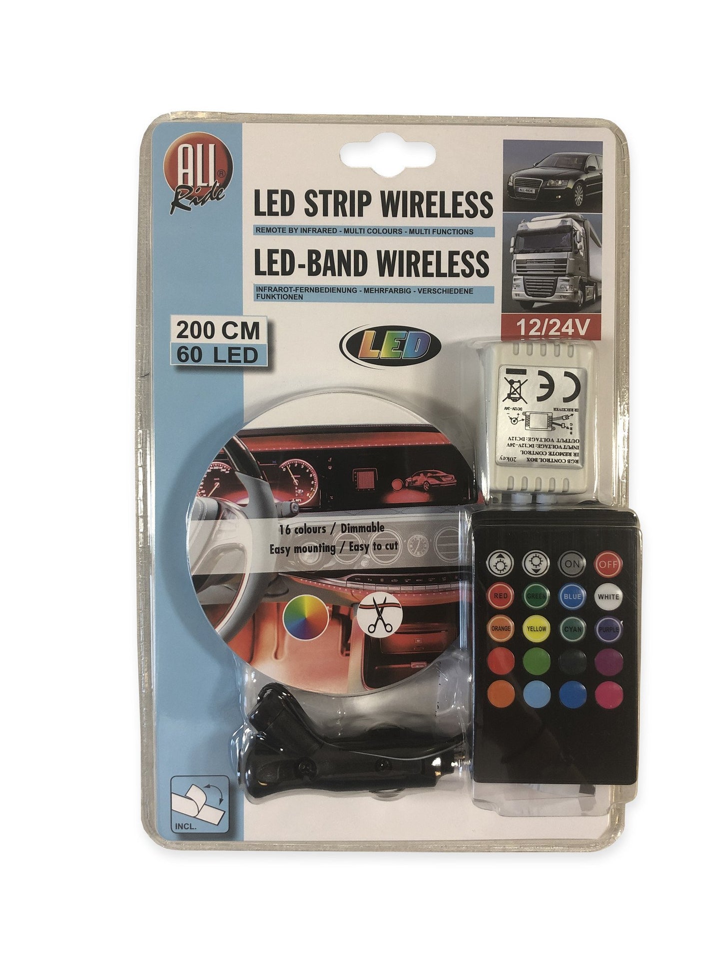 Allride LED Strip 60LED 2m - 12/24V mit Fernsteuerung und Dimmfunktion