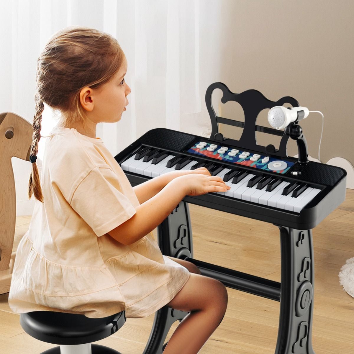 Coast Kinderklavier - 37 Tasten - Mit verstellbarem Hocker und Mikrofon - Abnehmbarer Ständer - Schwarz