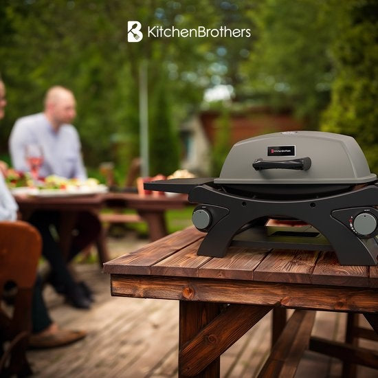 KitchenBrothers Gas BBQ - Table Top Barbecue - Tischgrill - Antihaftbeschichtung - 37x48 cm Grillfläche - Schwarz