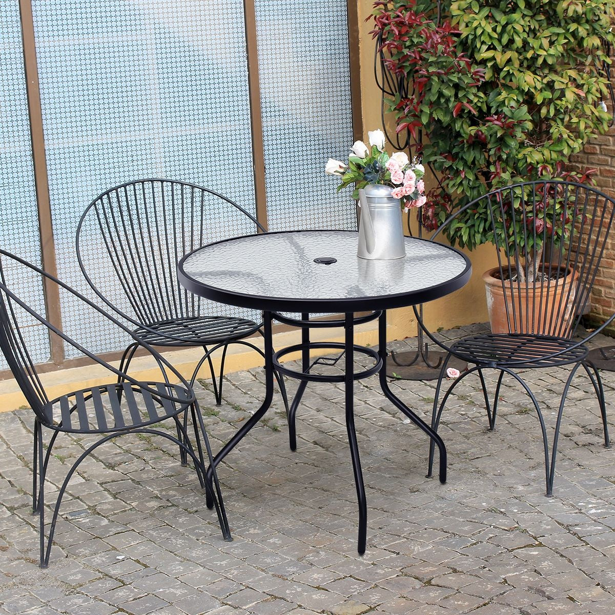 Coast Bistrotisch / Terrassentisch - Ø 81 cm, Mit Paraplugat, Wetterfest, 80 kg Belastbarkeit - Gehärtetes Glas/Eisen - Schwarz