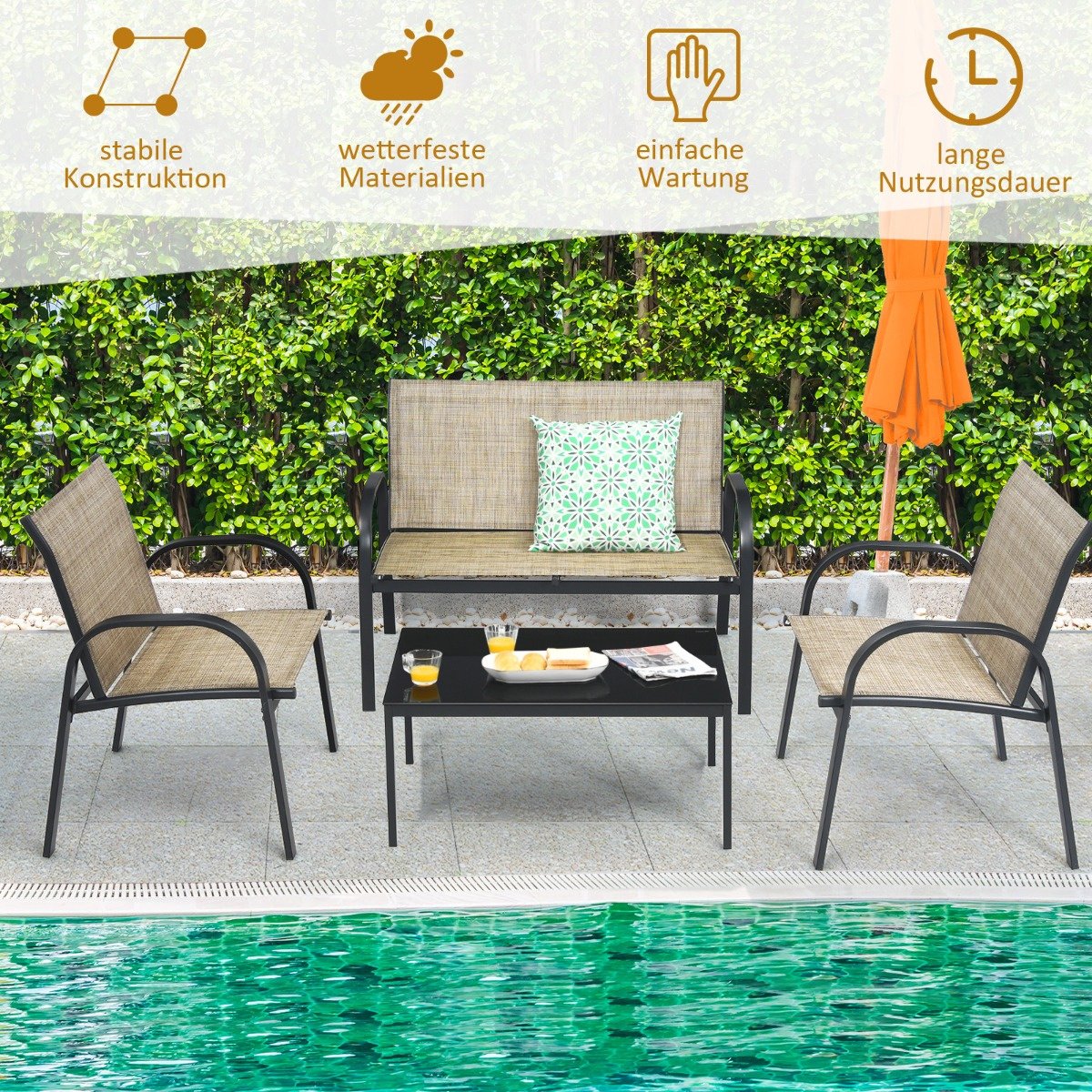 Coast 4-teiliges Gartenmöbelset - Sofa, 2 Stühle und Couchtisch - Braun - Metall/Stoff/gehärtetes Glas