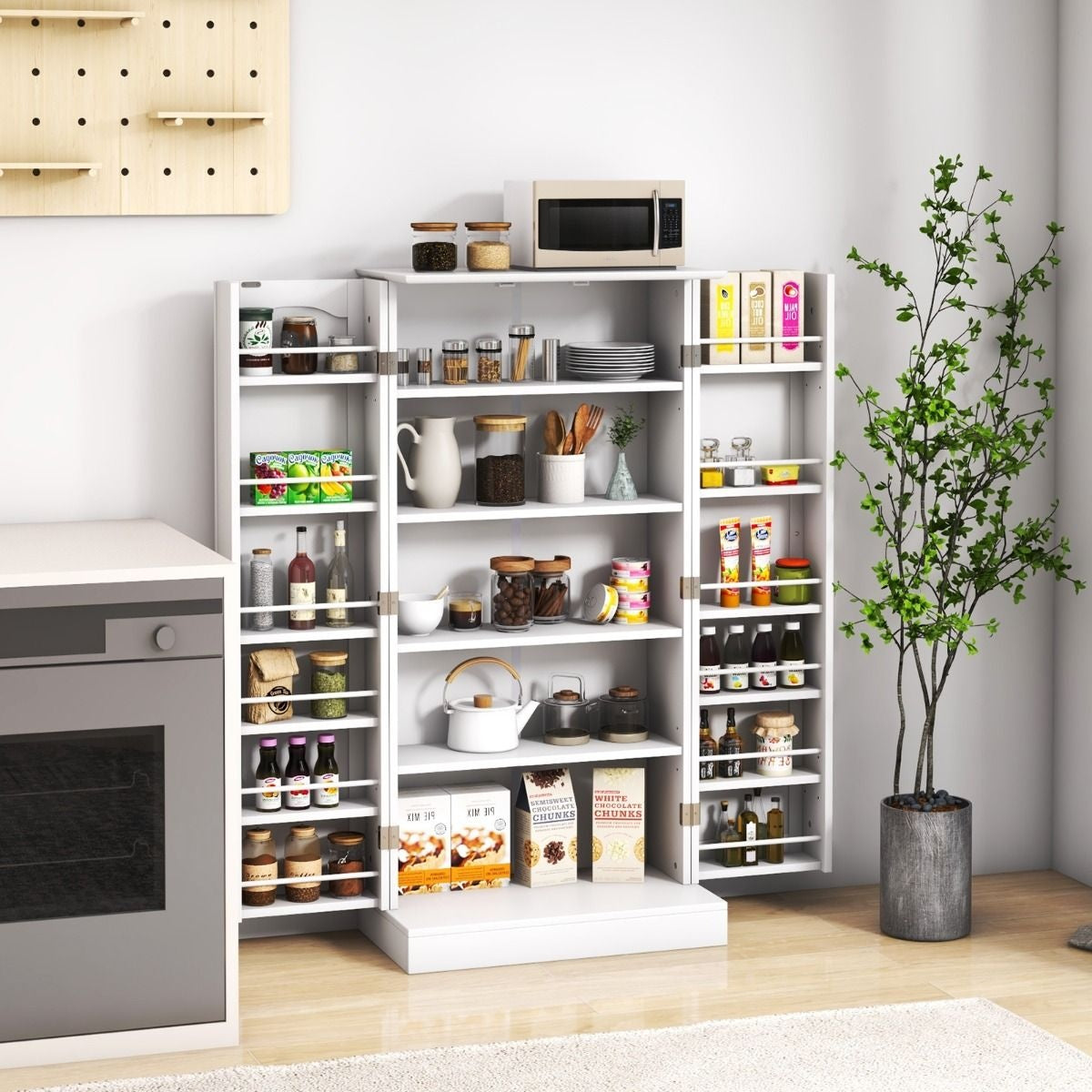 Coast Pantry Küchenschrank - 60 x 40 x 120,5 cm & 17 Einlegeböden - Ausgestattet mit verstellbaren Einlegeböden und Kippschutz - Für Küche, Esszimmer und Wohnzimmer - Weißes Mdf und Metall