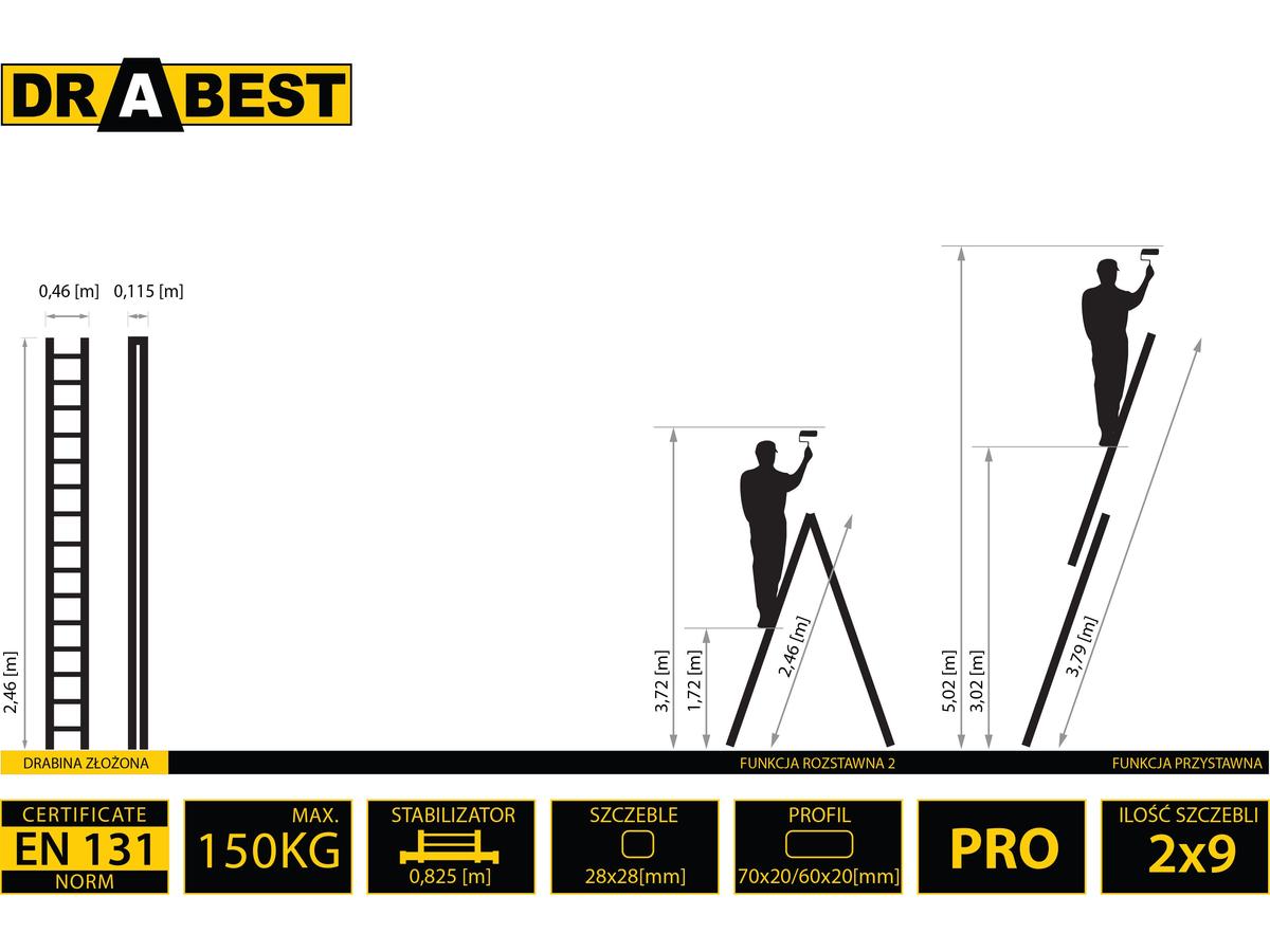 Drabest Kombi-Leiter - 2x 9 Stufen - Aluminium - 2,70 m