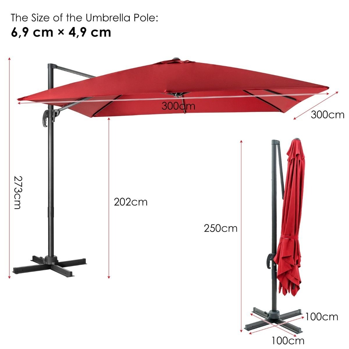 Coast Schwimmender Sonnenschirm - Kippbar - 300 x 300 x 273 cm - Weinrot