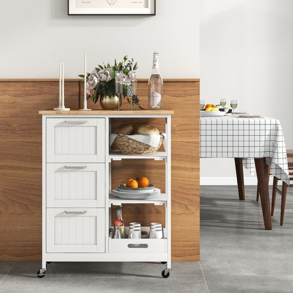 Coast Servant mit Rädern - 3 Schubladen - Rubberwood Top - 67 x 37 x 83,5 cm - Weiß