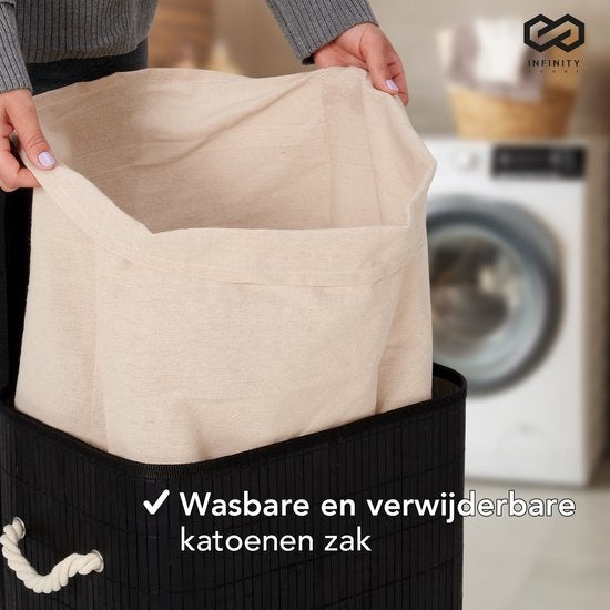 Infinity Goods Wäschekorb mit Deckel Schwarz - Bambus - Wäschesortierer - Waschbarer Wäschebeutel aus Baumwolle - Griffe - 72 Liter - Schwarz