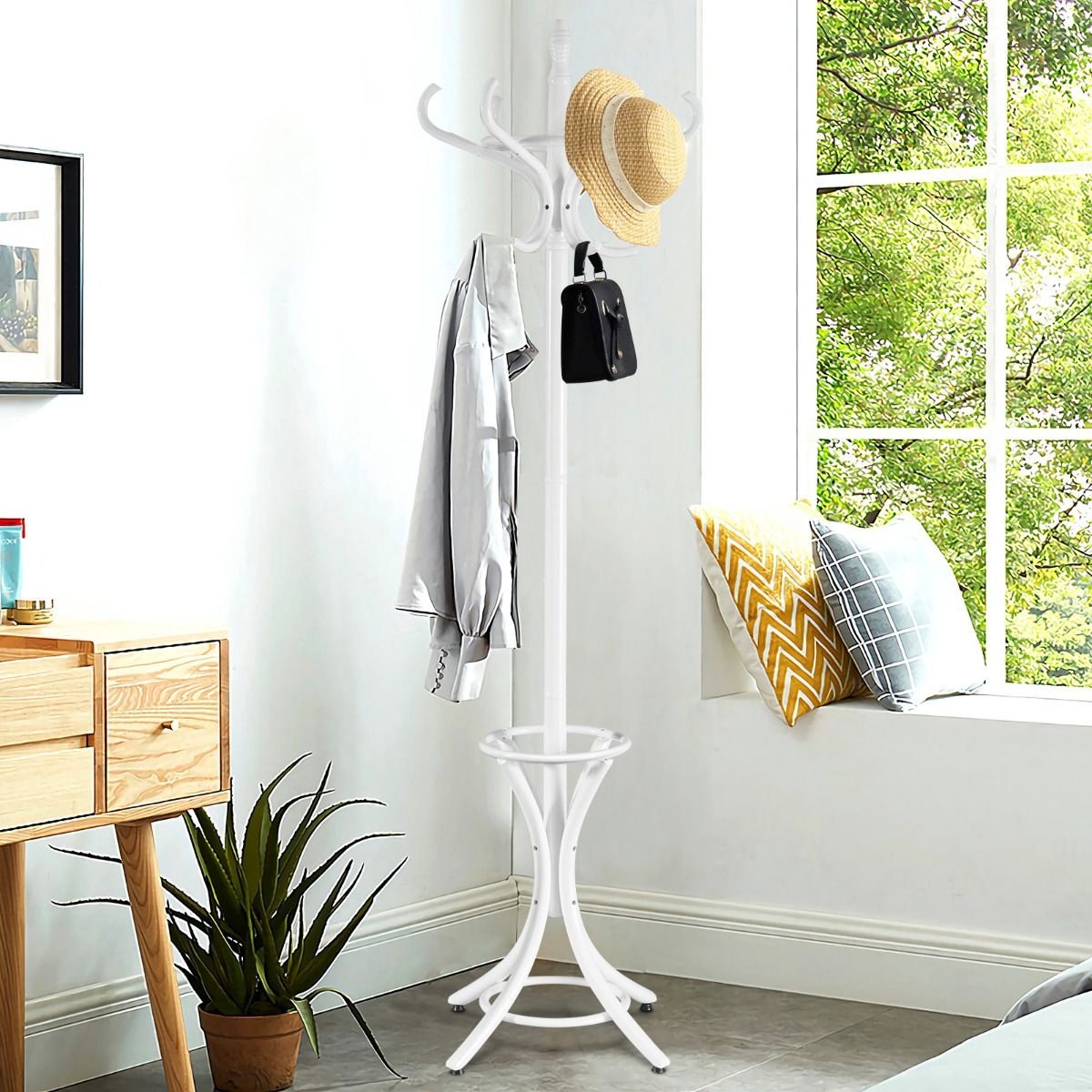 Coast Garderobe - 12 Haken - Mit Regenschirmhalter - Weiß - 51 x 51 x 184 cm