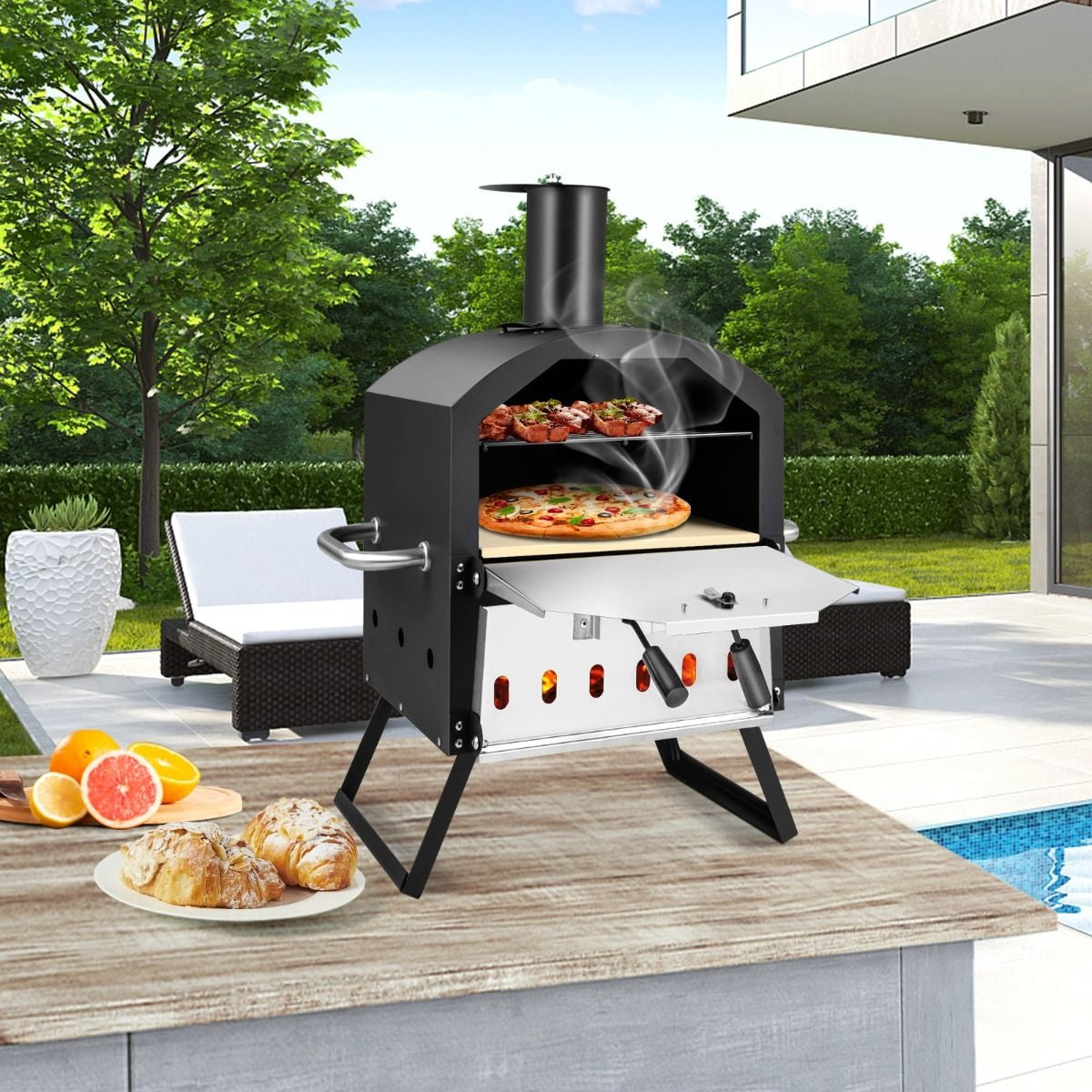 Coast 2-Schicht-Pizzaofen für den Außenbereich - Inklusive Pizzaschaufel - Abnehmbare mittlere Ablage - Tragbar - 54 x 31 x 72 cm - Schwarz