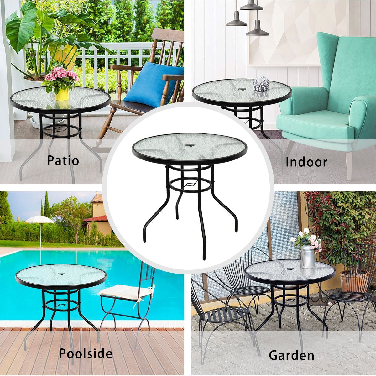 Coast Bistrotisch / Terrassentisch - Ø 81 cm, Mit Paraplugat, Wetterfest, 80 kg Belastbarkeit - Gehärtetes Glas/Eisen - Schwarz