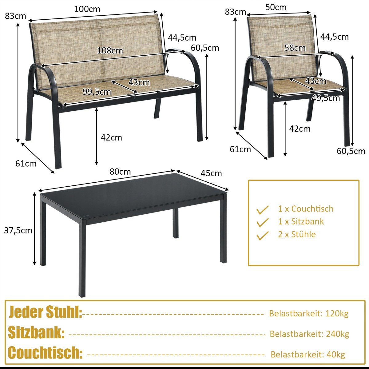Coast 4-teiliges Gartenmöbelset - Sofa, 2 Stühle und Couchtisch - Braun - Metall/Stoff/gehärtetes Glas