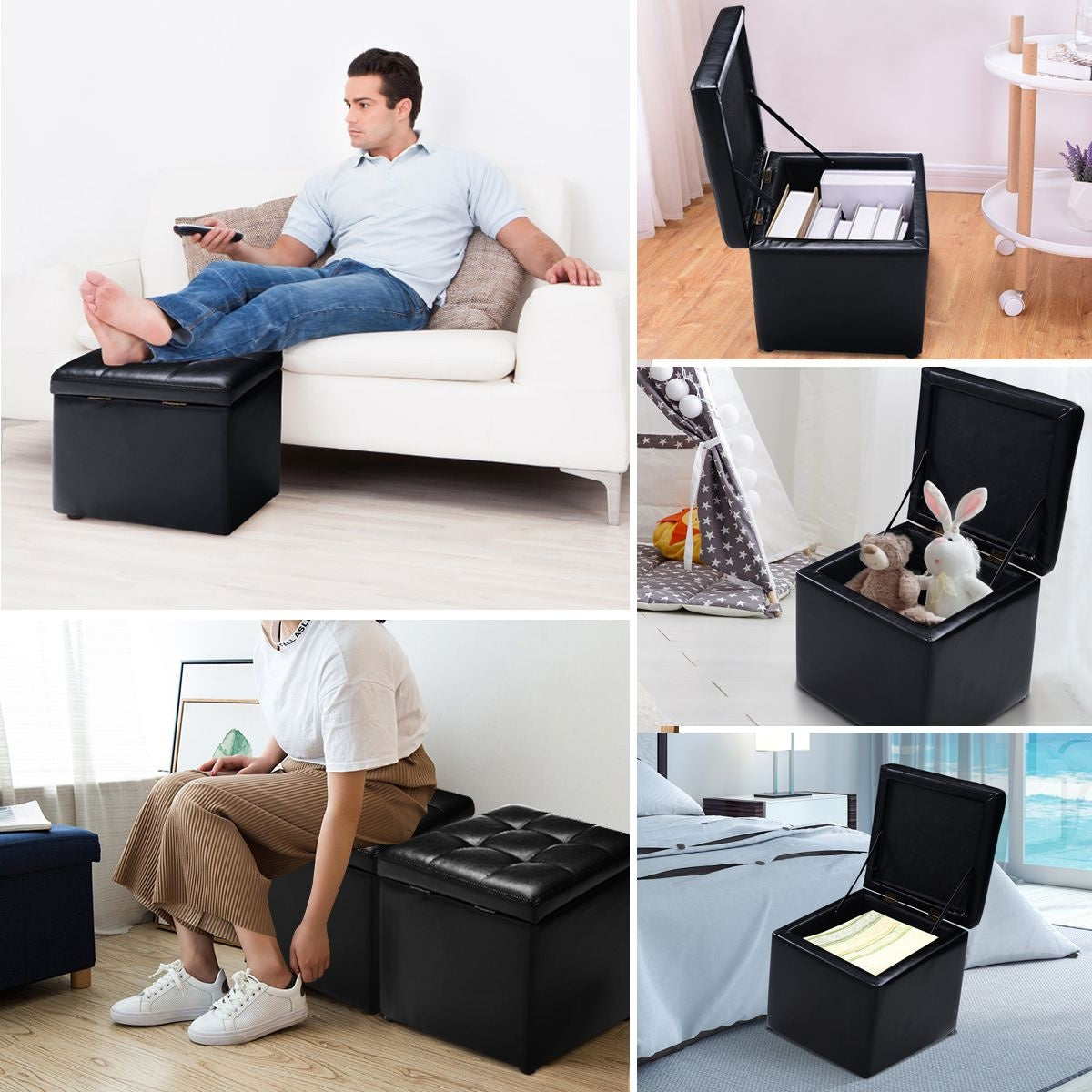 Coast Pouf mit Ablage - Max. 150 kg - Kunstleder - 40 x 40 x 40 cm - Schwarz