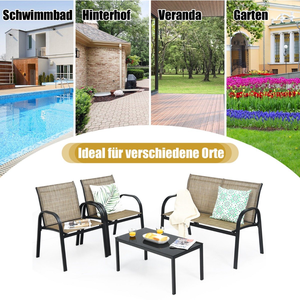 Coast 4-teiliges Gartenmöbelset - Sofa, 2 Stühle und Couchtisch - Braun - Metall/Stoff/gehärtetes Glas