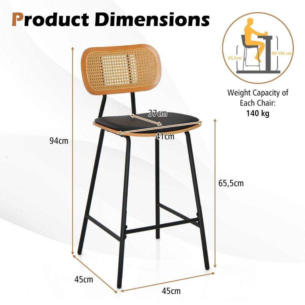 Coast Barhocker 2er Set - Max. 140 kg - Rattan - 45 x 45 x 94 cm - Rattan