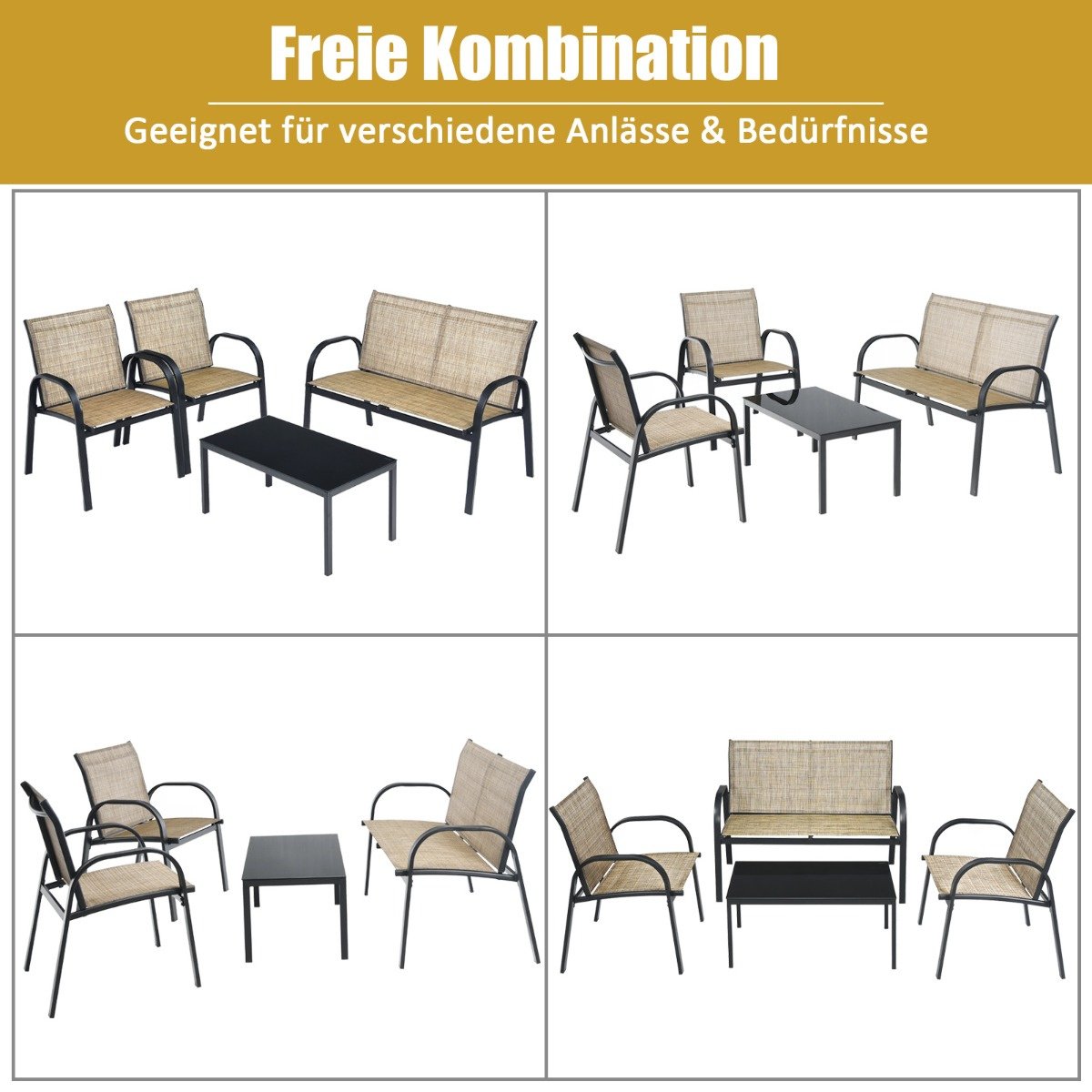 Coast 4-teiliges Gartenmöbelset - Sofa, 2 Stühle und Couchtisch - Braun - Metall/Stoff/gehärtetes Glas