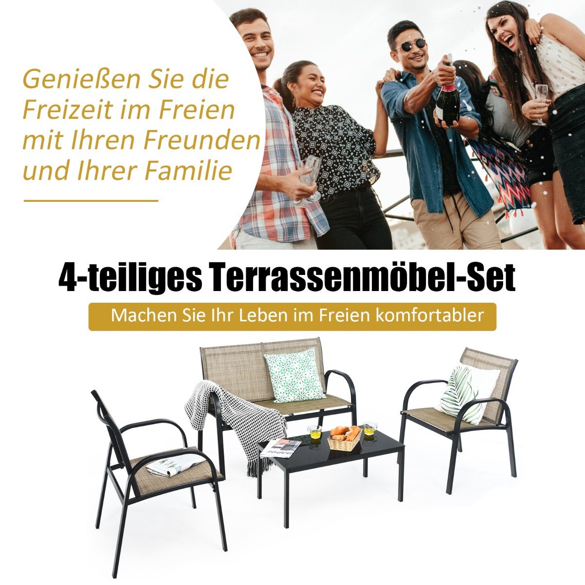 Coast 4-teiliges Gartenmöbelset - Sofa, 2 Stühle und Couchtisch - Braun - Metall/Stoff/gehärtetes Glas
