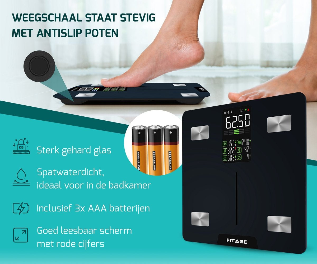 FITAGE LED-Waage Personenwaage Digital - Intelligent - Mit 17-facher Körperanalyse - FITAGE App