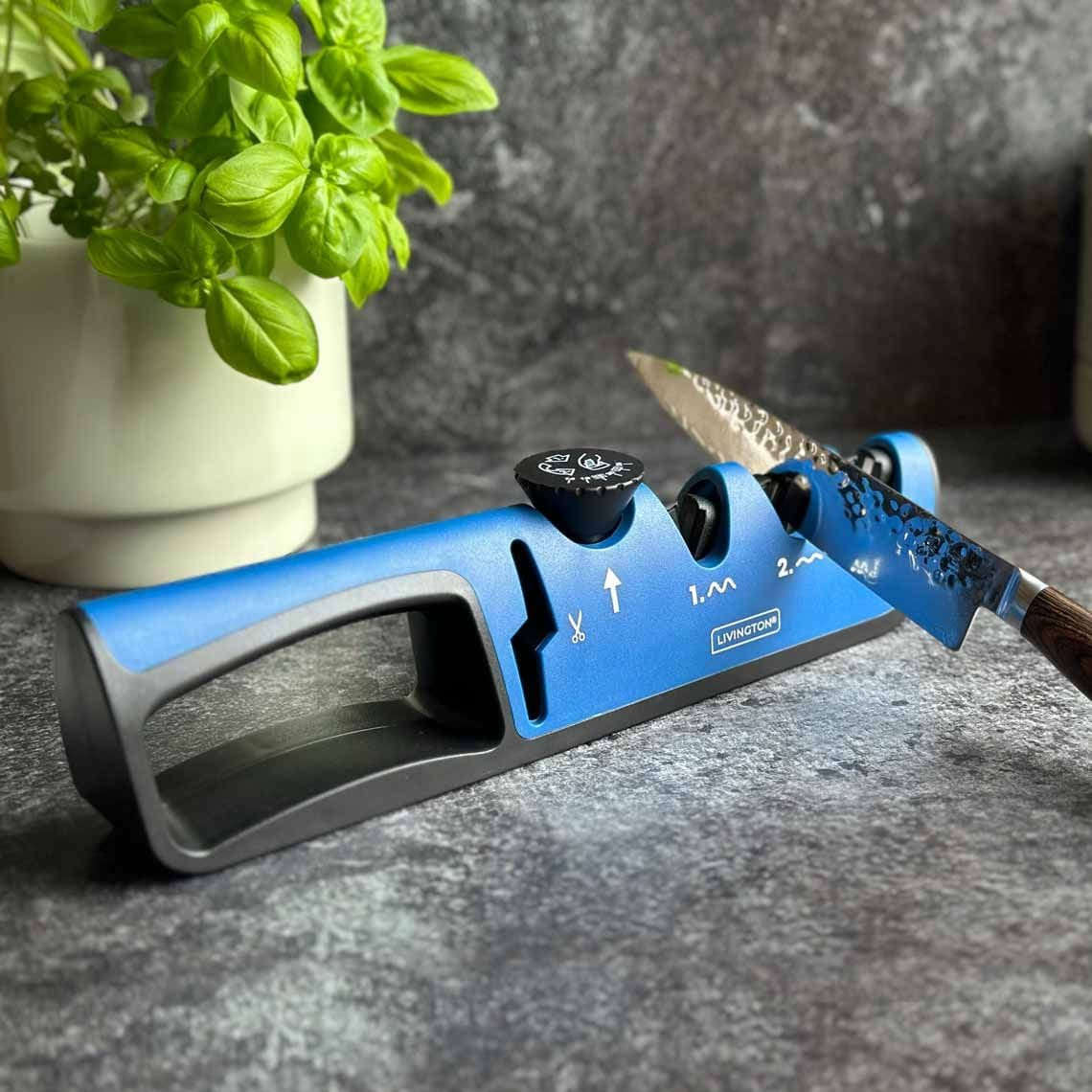Livington BladeStar 3-in-1-Messerschärfer – Einstellbarer Schleifwinkel – Dreistufensystem – Für Messer und Scheren