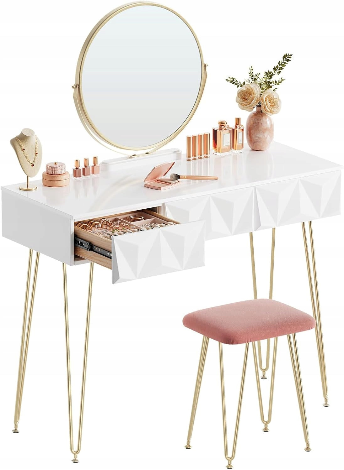 Kochamy Meble Schminktisch mit 3D-Spiegel und Hocker – Weiß – 106 x 79 x 40 cm