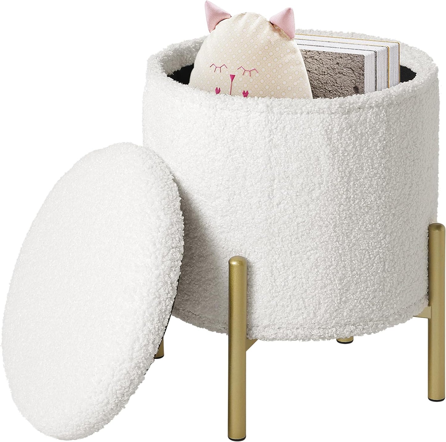 eSituro Aufbewahrungshocker, rund – Teddyfleece, weiß – 35 x 41 cm