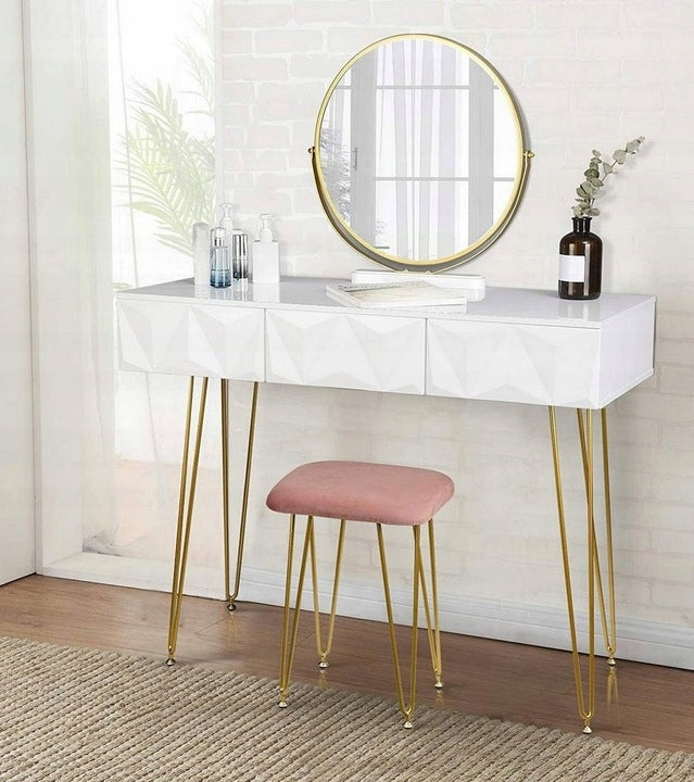 Kochamy Meble Schminktisch mit 3D-Spiegel und Hocker – Weiß – 106 x 79 x 40 cm