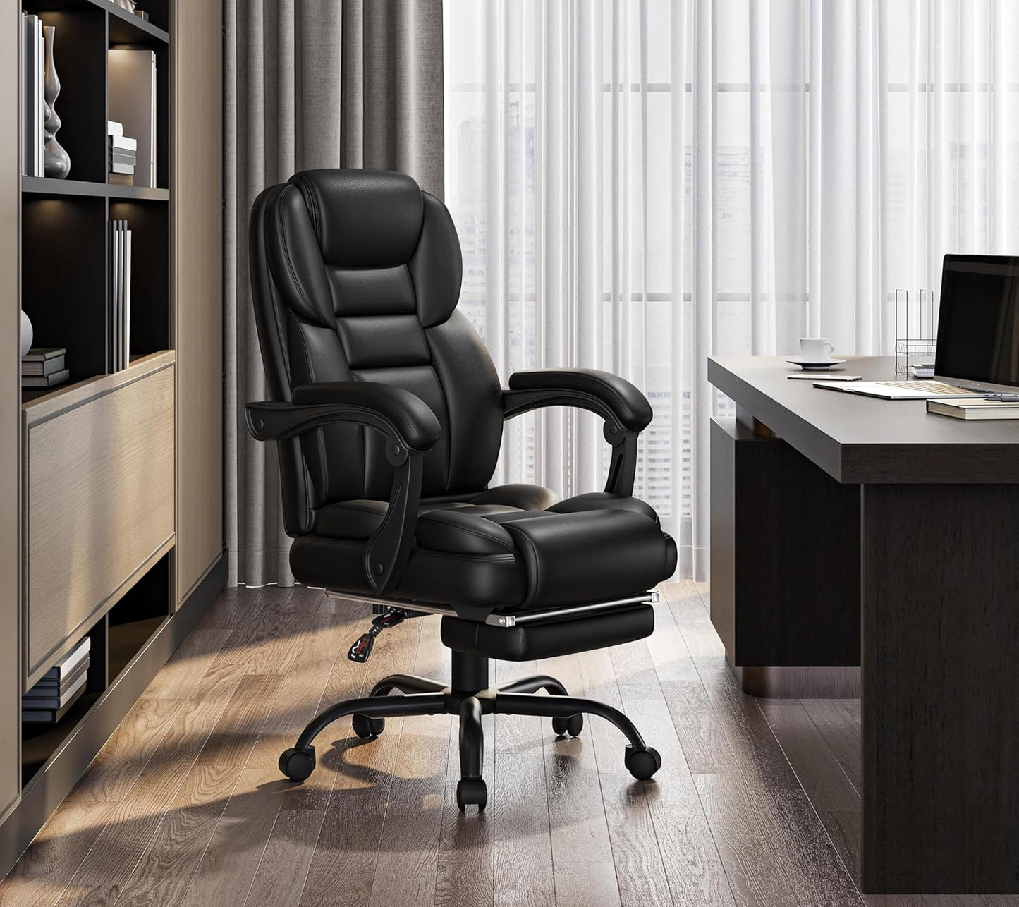 Yaheetech Ergonomischer Chefsessel – mit ausziehbarer Fußstütze – hohe Rückenlehne – schwarz