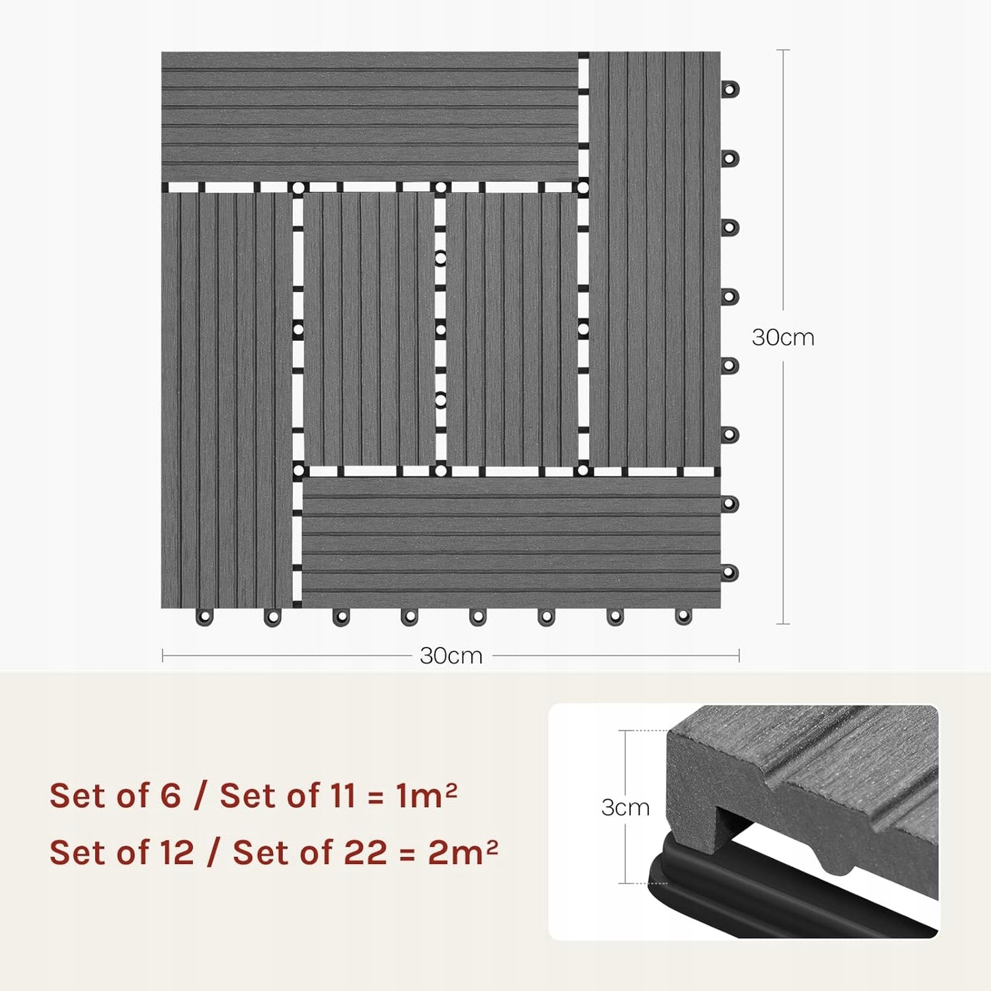 Woltu Terrassenfliesen, 11er-Set – Grau – 30 x 30 cm